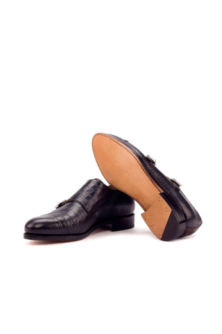 Ambrogio Handmade Custom Black & Burgundy Crocodile Print / Polished Leather Monk-Straps Loafers (AMB1930)-AmbrogioShoes