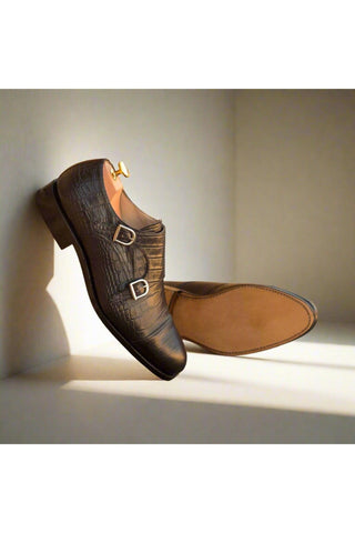 Ambrogio Handmade Custom Black & Burgundy Crocodile Print / Polished Leather Monk-Straps Loafers (AMB1930)-AmbrogioShoes