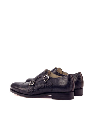 Ambrogio Handmade Custom Black & Burgundy Crocodile Print / Polished Leather Monk-Straps Loafers (AMB1930)-AmbrogioShoes