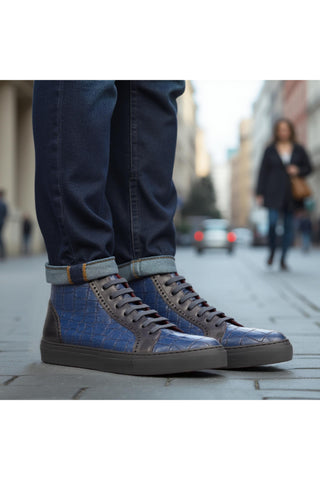 Ambrogio Handmade Custom Black & Navy Crocodile Print / Calf-Skin Leather High-Top Sneakers (AMB1961)-AmbrogioShoes