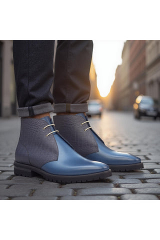 Ambrogio Handmade Custom Black & Navy Crocodile Print / Calf-Skin Leather Chukka Boots (AMB1882)-AmbrogioShoes