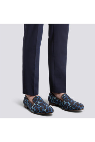 Ambrogio Handmade Custom Black & Navy Leopard Embossed / Calf-Skin Leather Wellington Loafers (AMB1962)-AmbrogioShoes