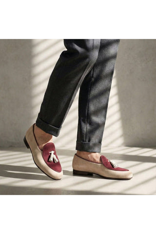Ambrogio Handmade Custom Ivory & Burgundy Suede Tassels Loafers (AMB1974)-AmbrogioShoes