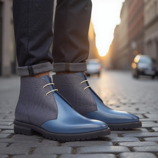 Ambrogio Handmade Custom Men's Shoes Black & Navy Crocodile Print / Calf-Skin Leather Chukka Boots (AMB1882)-AmbrogioShoes