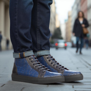 Ambrogio Handmade Custom Men's Shoes Black & Navy Crocodile Print / Calf-Skin Leather High-Top Sneakers (AMB1961)-AmbrogioShoes