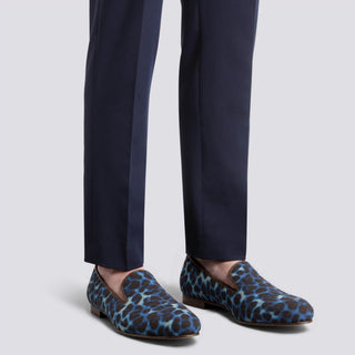 Ambrogio Handmade Custom Men's Shoes Black & Navy Leopard Print / Calf-Skin Leather Wellington Loafers (AMB1962)-AmbrogioShoes