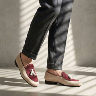Ambrogio Handmade Custom Men's Shoes Ivory & Burgundy Suede Leather Tassels Loafers (AMB1974)-AmbrogioShoes