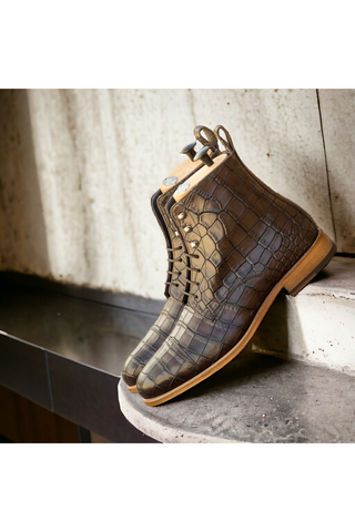 Ambrogio Handmade Dark Brown Crocodile Embossed Jumper Boots (AMB2515)-AmbrogioShoes