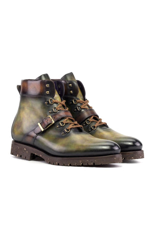 Ambrogio Handmade Fire & Green Patina Leather Hiking Boots (AMB2514)-AmbrogioShoes
