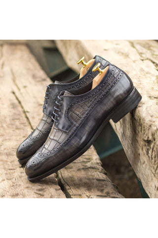 Ambrogio Handmade Gray Crocodile Embossed / Patina Leather Longwing Blucher Oxfords (AMB2244)-AmbrogioShoes