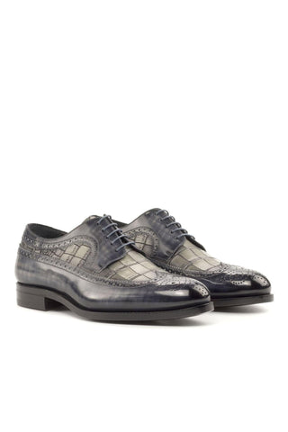 Ambrogio Handmade Gray Crocodile Embossed / Patina Leather Longwing Blucher Oxfords (AMB2244)-AmbrogioShoes
