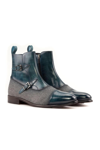 Ambrogio Handmade Gray & Turquoise Flannel Fabric / Patina Leather Octavian Boots (AMB2433)-AmbrogioShoes
