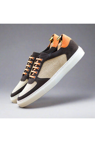 Ambrogio Handmade Ice, Gray & Orange Linen / Suede Low Top Trainer Sneakers (AMB2532)-AmbrogioShoes