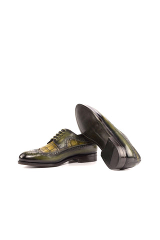 Ambrogio Handmade Khaki & Olive Crocodile Embossed / Patina Leather Longwing Blucher Oxfords (AMB2242)-AmbrogioShoes