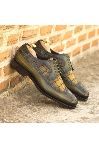 Ambrogio Handmade Khaki & Olive Crocodile Embossed / Patina Leather Longwing Blucher Oxfords (AMB2242)-AmbrogioShoes