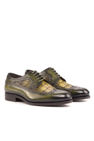 Ambrogio Handmade Khaki & Olive Crocodile Embossed / Patina Leather Longwing Blucher Oxfords (AMB2242)-AmbrogioShoes