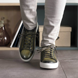 Ambrogio Handmade Khaki Patina Leather Trainer Sneakers (AMB2453)-AmbrogioShoes