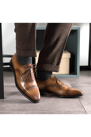 Ambrogio Handmade Medium Brown Calf-Skin Leather Cap-Toe Oxfords (AMB2473)-AmbrogioShoes