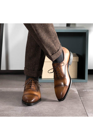 Ambrogio Handmade Medium Brown Calf-Skin Leather Cap-Toe Oxfords (AMB2473)-AmbrogioShoes