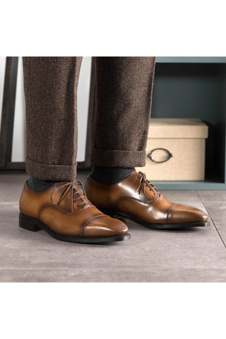 Ambrogio Handmade Medium Brown Calf-Skin Leather Cap-Toe Oxfords (AMB2473)-AmbrogioShoes