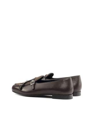 Ambrogio Handmade Men's Handmade Custom Made Shoes Black & Brown Flannel Fabric / Leather Monk Slipper Loafers (AMB1283)-AmbrogioShoes