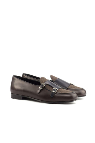 Ambrogio Handmade Men's Handmade Custom Made Shoes Black & Brown Flannel Fabric / Leather Monk Slipper Loafers (AMB1283)-AmbrogioShoes