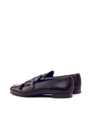 Ambrogio Handmade Men's Handmade Custom Made Shoes Black Crocodile Embossed / Calf-Skin Leather Monk Slipper Loafers (AMB1281)-AmbrogioShoes