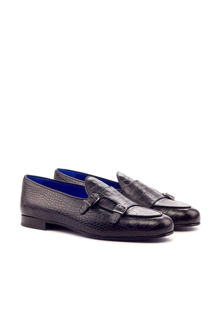 Ambrogio Handmade Men's Handmade Custom Made Shoes Black Crocodile Embossed / Calf-Skin Leather Monk Slipper Loafers (AMB1281)-AmbrogioShoes
