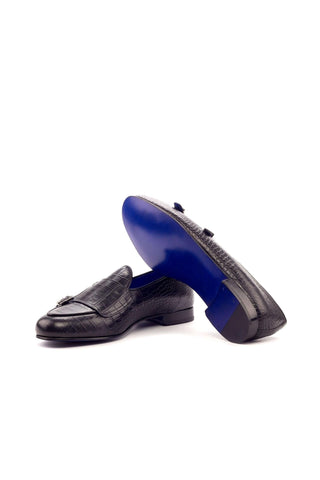 Ambrogio Handmade Men's Handmade Custom Made Shoes Black Crocodile Embossed / Leather Monk Slipper Loafers (AMB1281)-AmbrogioShoes