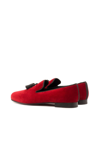 Ambrogio Handmade Men's Handmade Custom Made Shoes Black & Red Velvet / Leather Tassels Wellington Loafers (AMB1321)-AmbrogioShoes