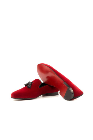 Ambrogio Handmade Men's Handmade Custom Made Shoes Black & Red Velvet / Leather Tassels Wellington Loafers (AMB1321)
