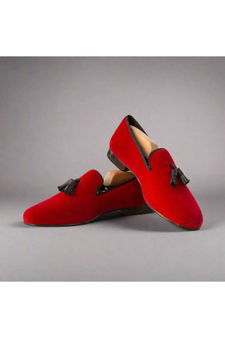 Ambrogio Handmade Men's Handmade Custom Made Shoes Black & Red Velvet / Leather Tassels Wellington Loafers (AMB1321)-AmbrogioShoes
