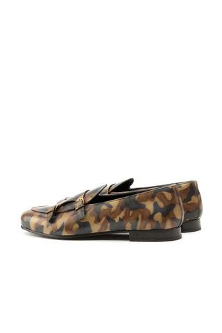 Ambrogio Handmade Men's Handmade Custom Made Shoes Brown Camo Patina Leather Monk Slipper Loafers (AMB1285)