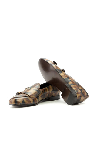 Ambrogio Handmade Men's Handmade Custom Made Shoes Brown Camo Patina Leather Monk Slipper Loafers (AMB1285)