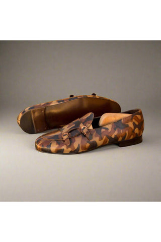 Ambrogio Handmade Men's Handmade Custom Made Shoes Brown Camo Patina Leather Monk Slipper Loafers (AMB1285)