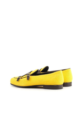 Ambrogio Handmade Men's Handmade Custom Made Shoes Brown & Yellow Snake-Skin / Linen Monk Slipper Loafers (AMB1277)