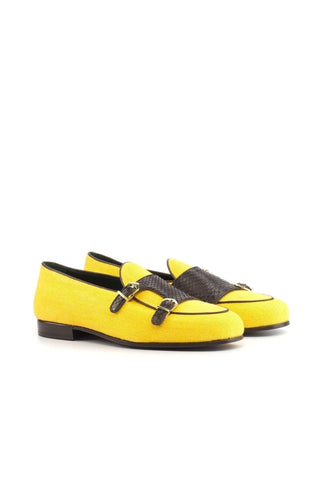 Ambrogio Handmade Men's Handmade Custom Made Shoes Brown & Yellow Snake-Skin / Linen Monk Slipper Loafers (AMB1277)