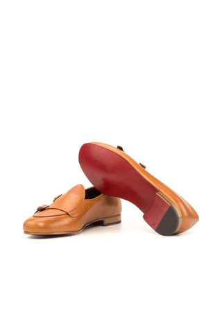 Ambrogio Handmade Men's Handmade Custom Made Shoes Cognac Pebble Grain / Leather Monk Slipper Loafers (AMB1278)-AmbrogioShoes