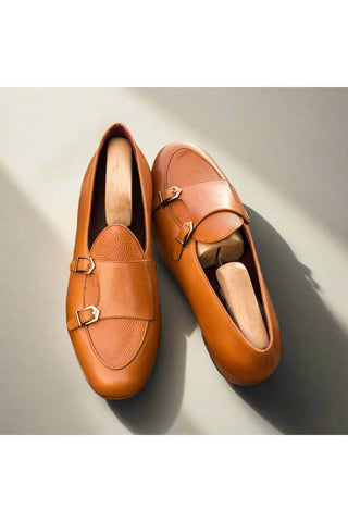 Ambrogio Handmade Men's Handmade Custom Made Shoes Cognac Pebble Grain / Leather Monk Slipper Loafers (AMB1278)-AmbrogioShoes