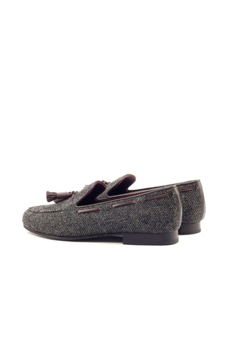Ambrogio Handmade Men's Handmade Custom Made Shoes Gray & Brown Fabric / Leather Wellington Tassels Loafers (AMB1312)-AmbrogioShoes