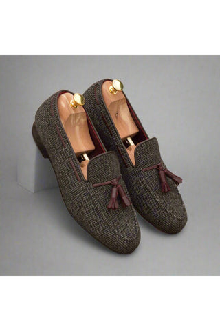 Ambrogio Handmade Men's Handmade Custom Made Shoes Gray & Brown Fabric / Leather Wellington Tassels Loafers (AMB1312)-AmbrogioShoes