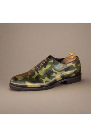 Ambrogio Handmade Men's Handmade Custom Made Shoes Khaki Green Camo Patina Leather Oxfords (AMB1303)