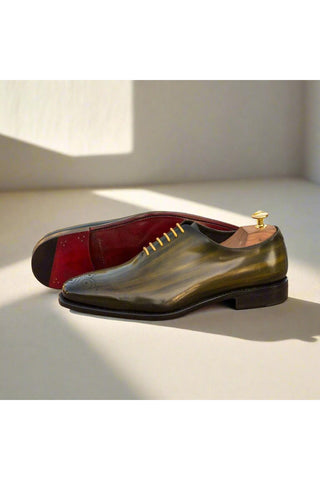 Ambrogio Handmade Men's Handmade Custom Made Shoes Khaki Green Patina Leather Oxfords (AMB1307)