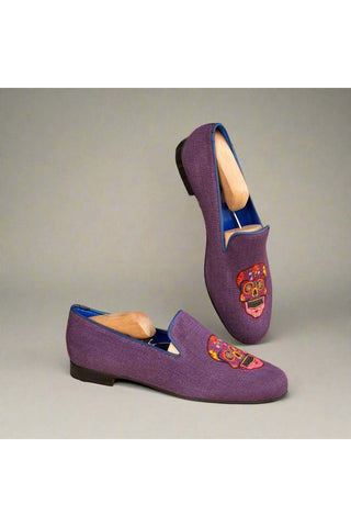 Ambrogio Handmade Men's Handmade Custom Made Shoes Purple Linen Fabric / Leather Wellington Loafers (AMB1308)-AmbrogioShoes