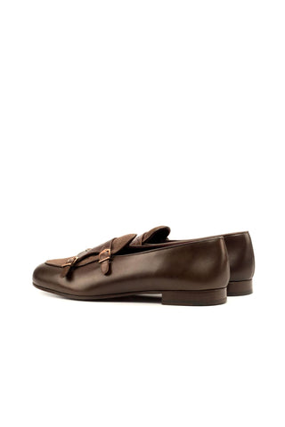 Ambrogio Handmade Men's Handmade Custom Made Shoes Two-Tone Brown Crocodile Embossed / Linen / Calf-Skin Leather Monk Slipper Loafers (AMB1273)-AmbrogioShoes