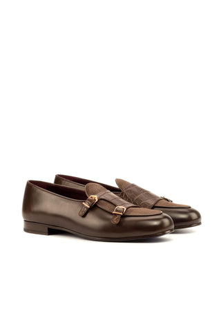 Ambrogio Handmade Men's Handmade Custom Made Shoes Two-Tone Brown Crocodile Embossed / Linen / Leather Monk Slipper Loafers (AMB1273)-AmbrogioShoes