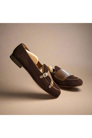 Ambrogio Handmade Men's Handmade Custom Made Shoes Two-Tone Brown Suede / Leather Monk Slipper Loafers (AMB1279)-AmbrogioShoes