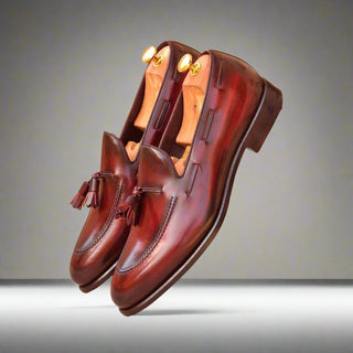 Ambrogio Handmade Men's Handmade Custom Shoes Burgundy Patina Leather Tassels Loafers (AMB1472)-AmbrogioShoes