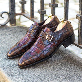 Ambrogio Handmade Men's Handmade Custom Shoes Dark Brown & Burgundy Crocodile Print / Calf-Skin Leather Monk Strap (AMB1807)-AmbrogioShoes