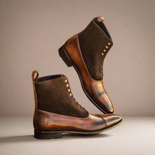 Ambrogio Handmade Men's Handmade Custom Shoes Two Tone Brown Suede / Patina Leather Balmoral Boots (AMB1471)-AmbrogioShoes